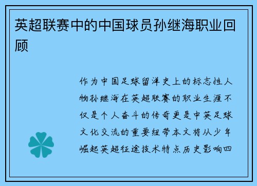 英超联赛中的中国球员孙继海职业回顾